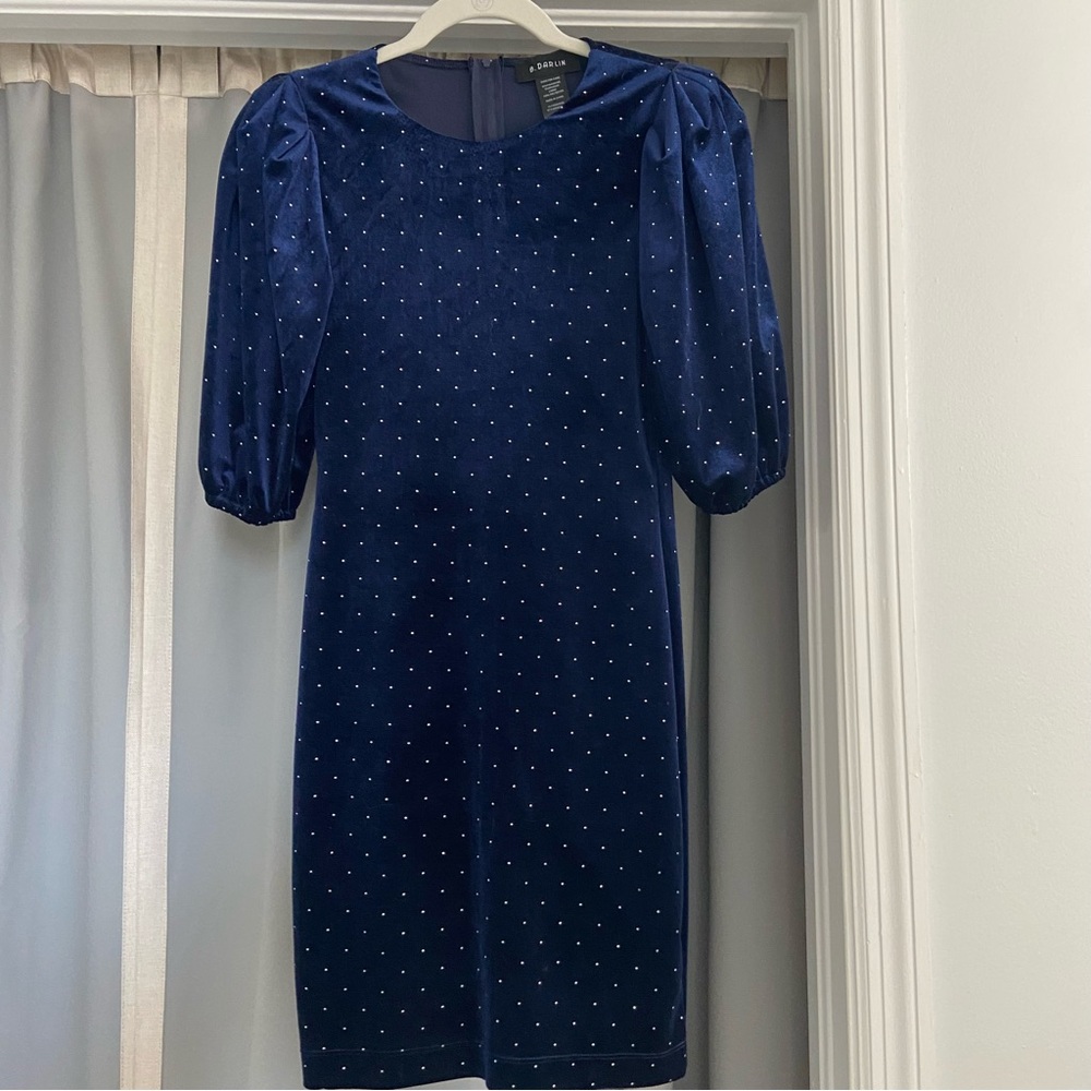 Sparkly Velvet Blue Mini Dress Puff Sleeves XSMALL